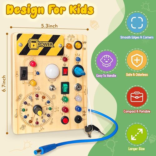 Wooden Montessori Busy Board: LED Light Up Sensory Toy, Fine Motor Skills Development, Travel-Friendly Educational Activity Board for Toddlers 1-3