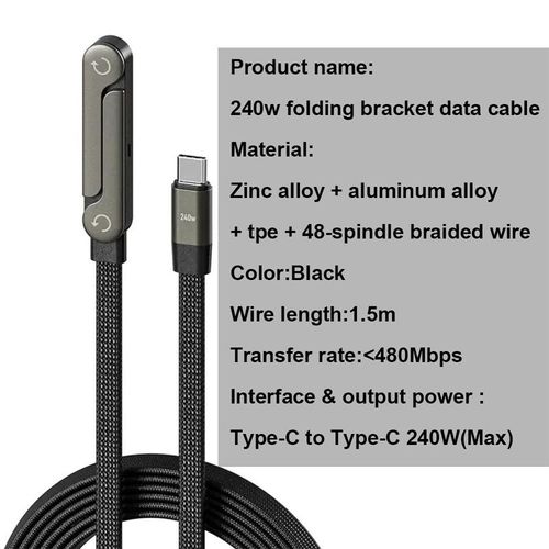 240W Folding Bracket Type-C Fast Charging Cable - 90 Degree Elbow Design with Built-in Phone Stand, 480Mbps Data Transfer for Gaming, Laptops & Smartphones