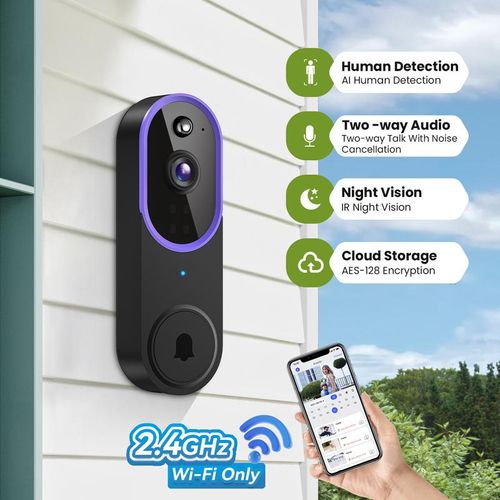 AI Smart Video Doorbell - 2-Way Noise-Canceling Audio, HD Night Vision & Weather-Resistant Security Camera with Cloud Storage