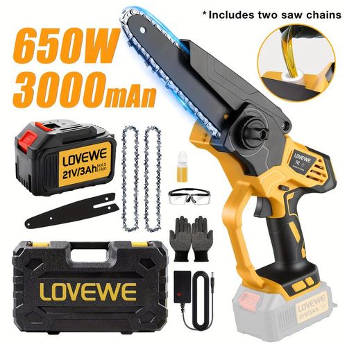6-Inch Cordless Mini Chainsaw 650W Power, Auto-Oiling – LOVEWE 3000mAh Battery