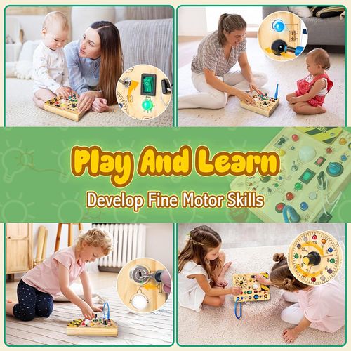 Wooden Montessori Busy Board: LED Light Up Sensory Toy, Fine Motor Skills Development, Travel-Friendly Educational Activity Board for Toddlers 1-3