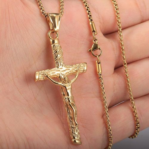 58mm Gold-Plated Jesus Cross Necklace - Christian Devotional Pendant for Men & Women