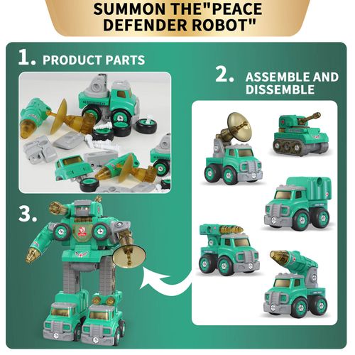 5-in-1 Peace Defender Robot DIY Building Kit with Electric Drill – Transform Military Trucks into Giant Robot STEM Toy for Kids 3-12 Years