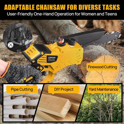 6-Inch Cordless Mini Chainsaw 650W Power, Auto-Oiling – LOVEWE 3000mAh Battery