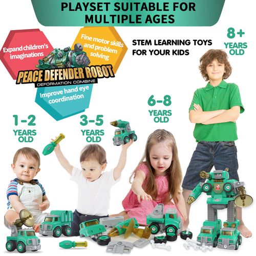 5-in-1 Peace Defender Robot DIY Building Kit with Electric Drill – Transform Military Trucks into Giant Robot STEM Toy for Kids 3-12 Years