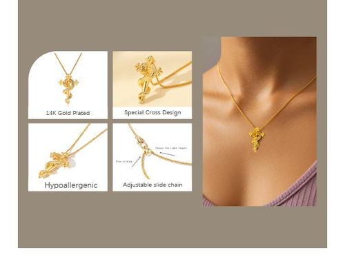HELIROSE Sovereign Soul 14K Gold-Plated Snake Cross Necklace - Hypoallergenic & Adjustable Slide Chain