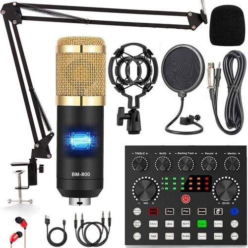 Podcast Equipment Bundle - 16mm Condenser Microphone & Multi-Function Sound Card, Plug & Play Studio Kit for TikTok, YouTube, PC & Phone