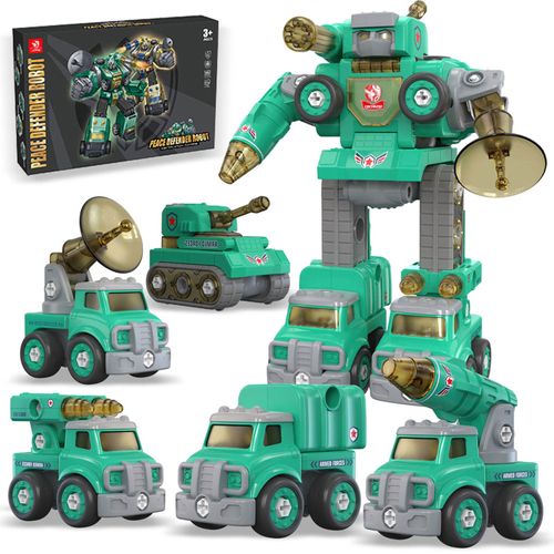 5-in-1 Peace Defender Robot DIY Building Kit with Electric Drill – Transform Military Trucks into Giant Robot STEM Toy for Kids 3-12 Years