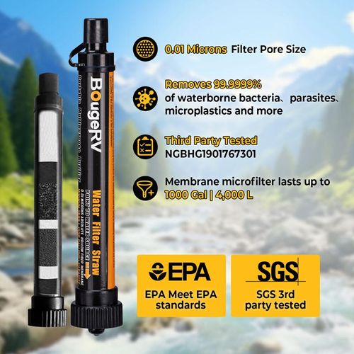 BougeRV Portable Water Filter Straw – 0.01 Micron, 1000 Gal-4000L, Camping & Survival Gear