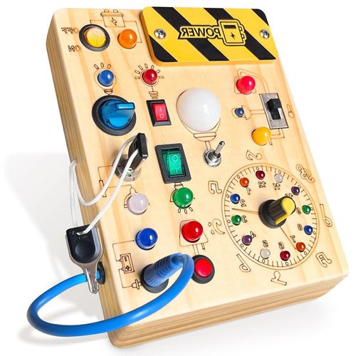 Wooden Montessori Busy Board: LED Light Up Sensory Toy, Fine Motor Skills Development, Travel-Friendly Educational Activity Board for Toddlers 1-3