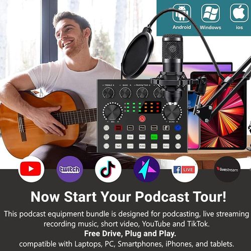 Podcast Equipment Bundle - 16mm Condenser Microphone & Multi-Function Sound Card, Plug & Play Studio Kit for TikTok, YouTube, PC & Phone