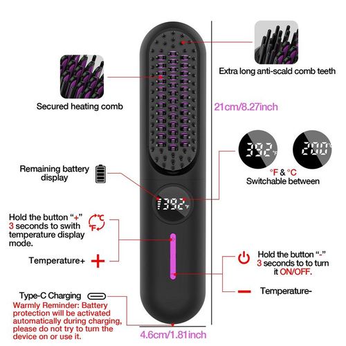 Professional Cordless Hair Straightener Brush: 7 Temp Settings, 5200mAh Battery, Anti-Scald Teeth, Type-C Rechargeable for All Hair Types