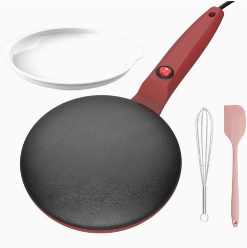 600W Electric Pancake Pan & Crepe Maker - 15s Fast Non-Stick 20cm Large Baking Pan, Auto Temperature Control Breakfast Machine with Whisk, Plate & Spatula Kit