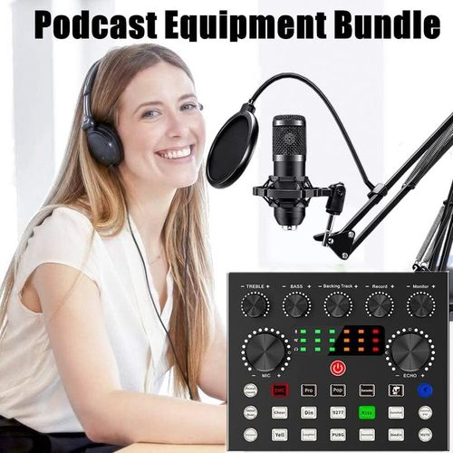 Podcast Equipment Bundle - 16mm Condenser Microphone & Multi-Function Sound Card, Plug & Play Studio Kit for TikTok, YouTube, PC & Phone