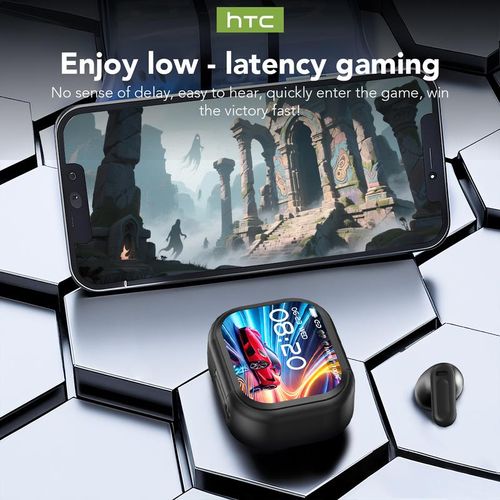HTC NE20 Wireless Earbuds: IPX4 Waterproof Sport Earphones with Low Latency Gaming Mode, 24H Playtime, Deep Bass Audio & Portable Charging Case with Lanyard