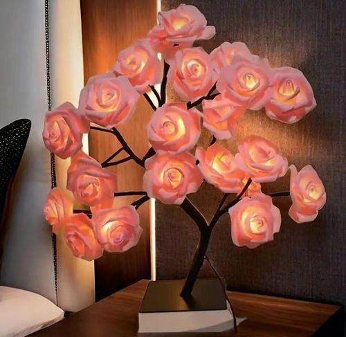 LED Rose Flower Table Lamp 24LED USB-Powered Valentine's Day Fairy Lights for Home Party Bedroom Decor Christmas Floral Night Light Freestanding Tabletop Push Button Switch