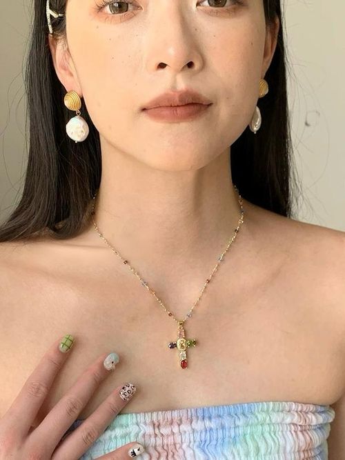 Rainbow Gemstone Cross Necklace - Gold-Tone Beaded Chain Fashion Piece