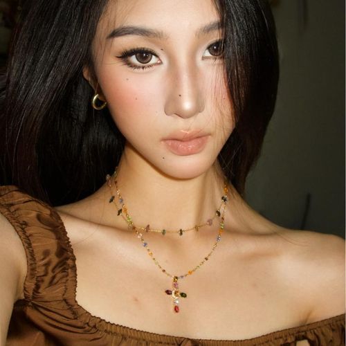 Rainbow Gemstone Cross Necklace - Gold-Tone Beaded Chain Fashion Piece