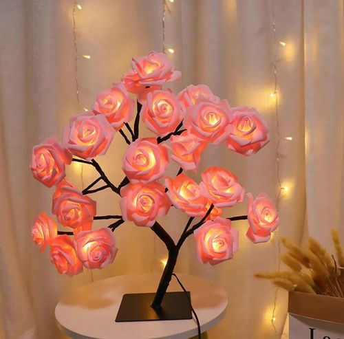 LED Rose Flower Table Lamp 24LED USB-Powered Valentine's Day Fairy Lights for Home Party Bedroom Decor Christmas Floral Night Light Freestanding Tabletop Push Button Switch