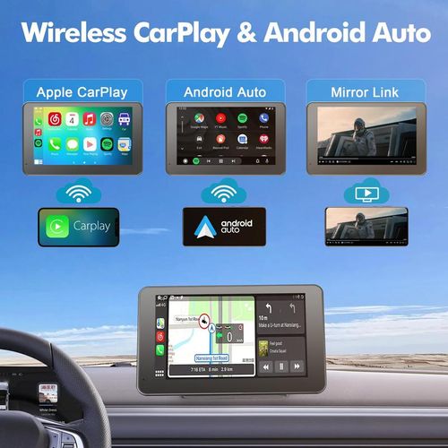 PASLDA 7 Inch Wireless CarPlay Android Auto Display Siri Google Voice Control Non Destructive Installation Universal 12 24V Fit Supports Mirroring And Navigation