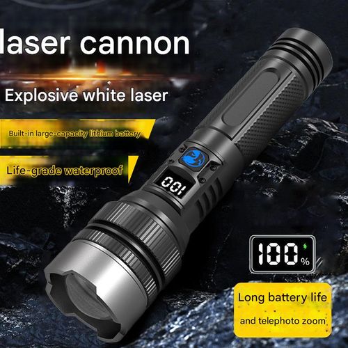 High-power white laser flashlight, multi-functional digital display, rechargeable zoom outdoor patrol searchlight