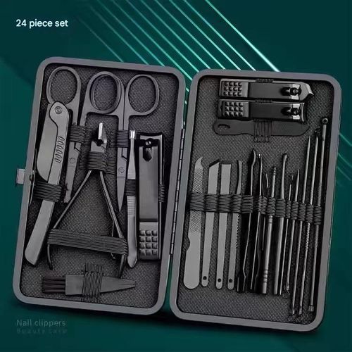 Black 24-piece nail clipper set, complete nail art tool set, pedicure cuticle trimmer