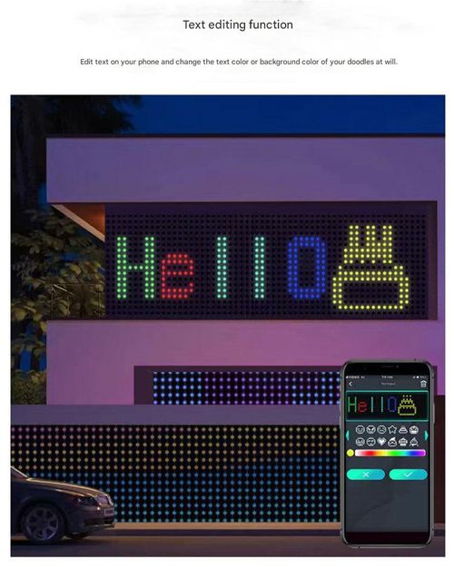 1. Full-Color RGB 2. DIY Pixel Control 3. Music Synchronization 4. Text Editing 5. Dynamic & Static Image Library 6. Timer Settings