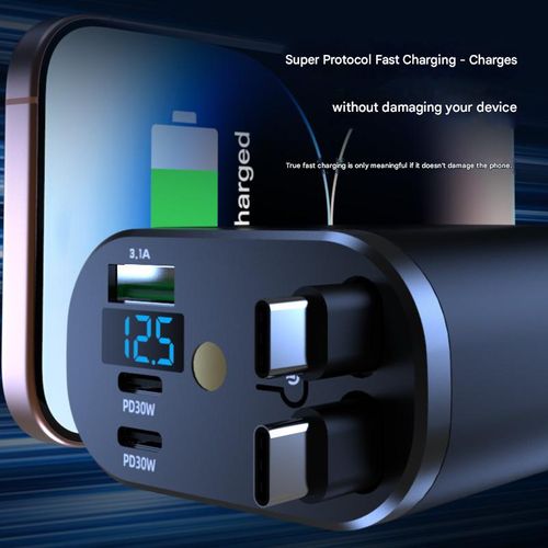 Starry Sky Car Cigarette Lighter Charger 120W Super Fast Mobile Phone Charger with 1-to-2 Retractable Cable