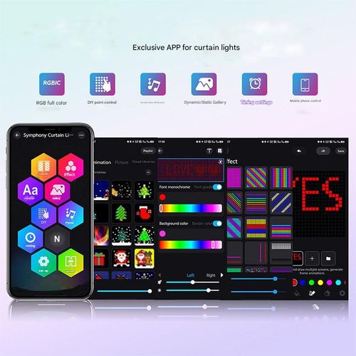 1. Full-Color RGB 2. DIY Pixel Control 3. Music Synchronization 4. Text Editing 5. Dynamic & Static Image Library 6. Timer Settings