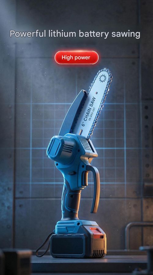 Lithium-ion battery-powered mini chainsaw, 6-inch wireless and portable, perfect for chopping wood and pruning with one hand.
