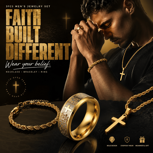 3‑piece gold‑tone men faith jewelry set