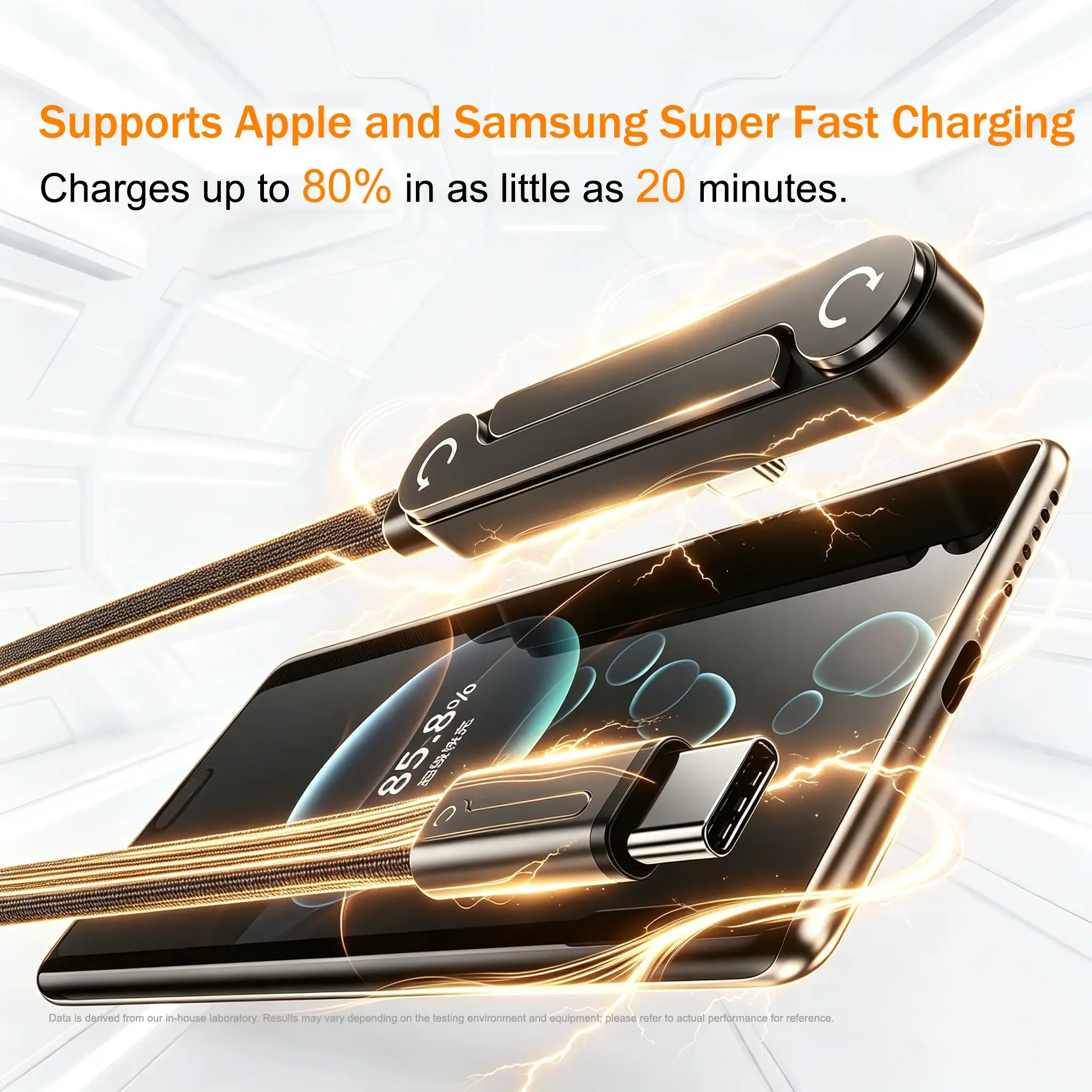 240W Super Fast Charging chargers — Built-in 360° Rotating Stand — 1.5m Data Charging Cable + Stand (2-in-1) — Zinc Alloy + Braided Cord — Type-C. Apple 15 16 17 Pro Max & Air, and Samsung Phones