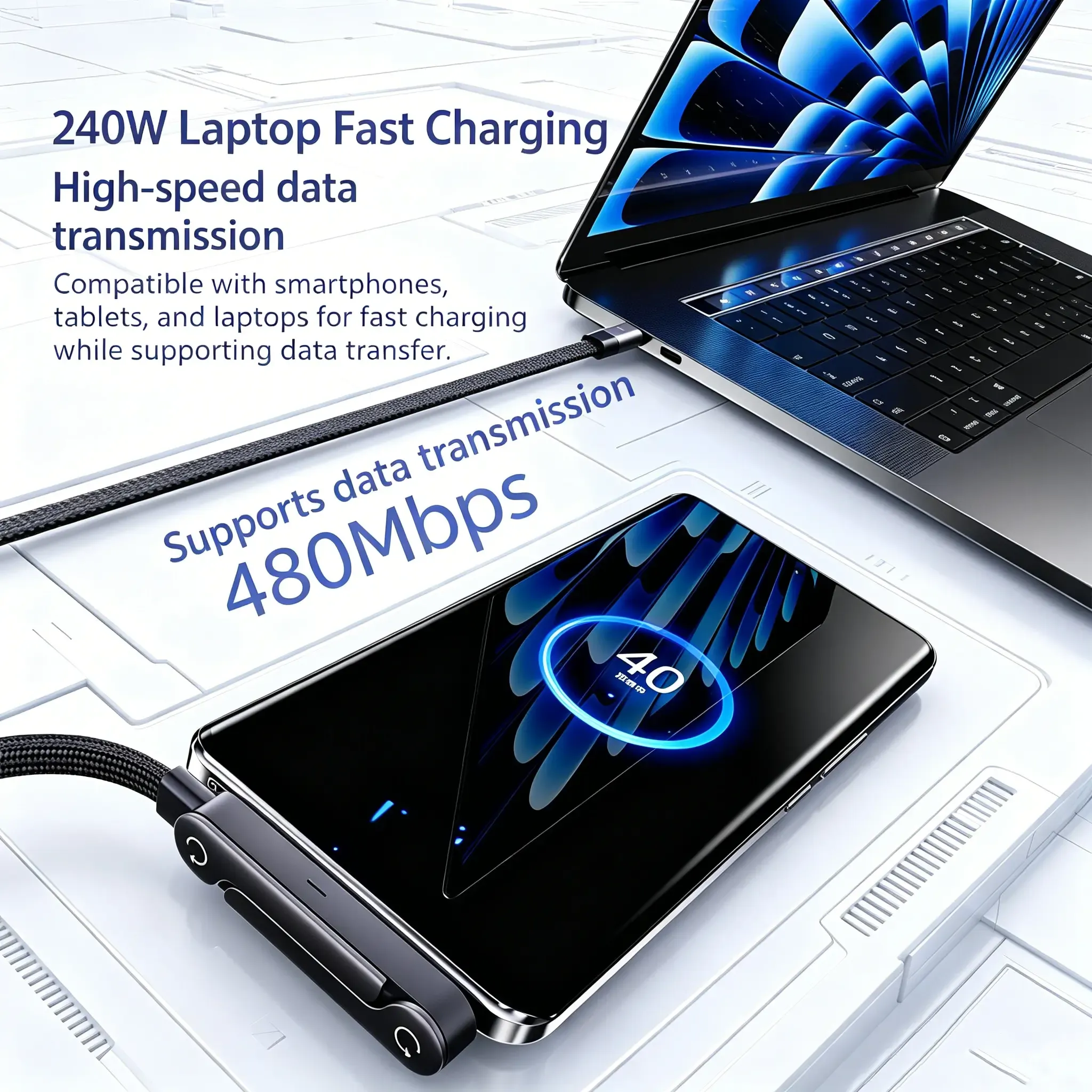 240W Super Fast Charging chargers — Built-in 360° Rotating Stand — 1.5m Data Charging Cable + Stand (2-in-1) — Zinc Alloy + Braided Cord — Type-C. Apple 15 16 17 Pro Max & Air, and Samsung Phones