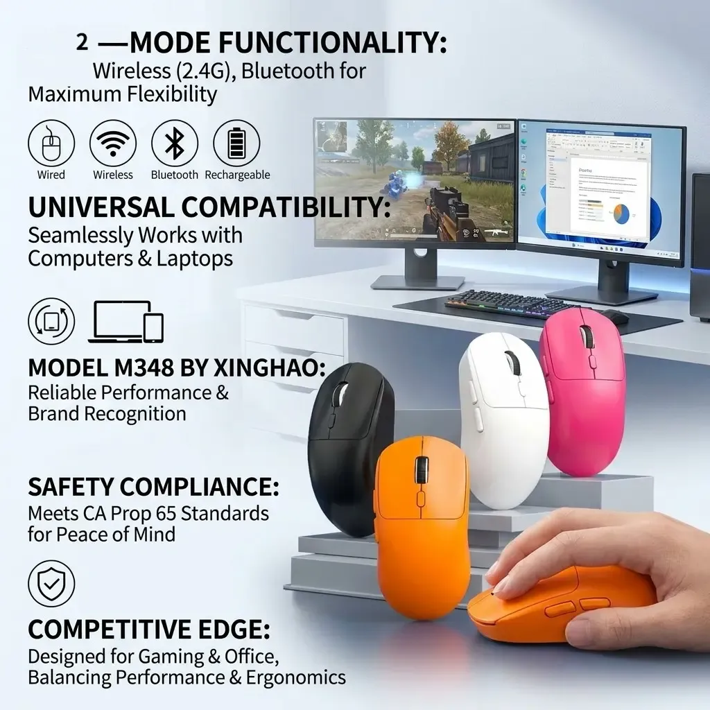 M348 Wireless Gaming Mouse, Tri-Mode 2.4g Bluetooth5.0 USB-C, 6400 Dpi Adjustable Rechargeable, 6 Programmable Buttons, Ergonomic Design for PC laptop tablet, Onlysell