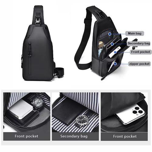 Bolsa transversal masculina para atacado com USB, portátil, moderna e casual, com acabamento em couro resistente, ideal para esportes ao ar livre.