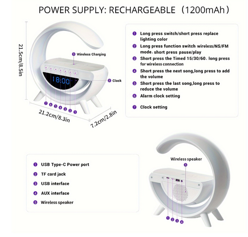 Despertador Inteligente V5.2 com Luz RGB para Carregador Sem Fio à Prova d'Água IPX5 para Celulares USB-C e Caixas de Som Inteligentes (Uso Externo)