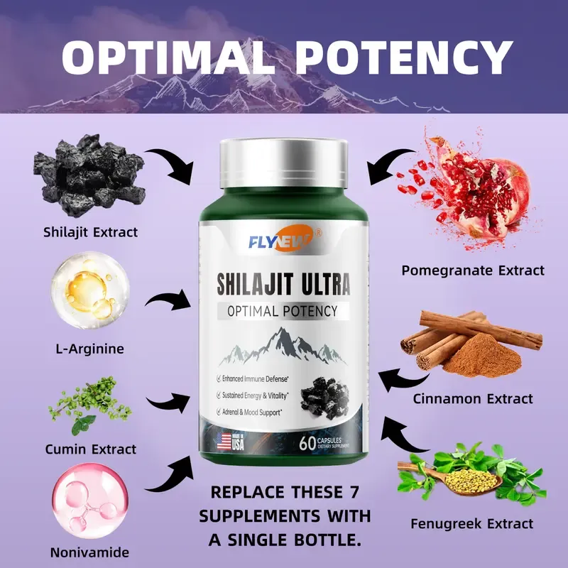 FLYNEW Optimal Potency | Shilajit Ultra | Adaptogen Energy Stamina Immune Antioxidants | Made in USA | 60 Capsules