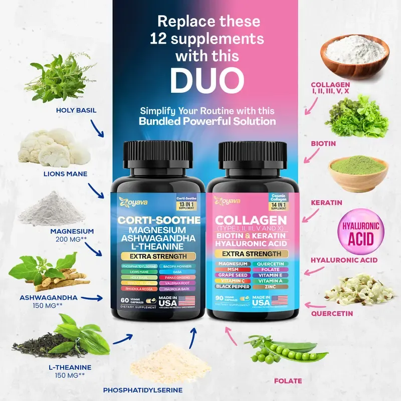 Shining Serenity Set - Zoyava Collagen & Cortisol All-in-One Dietary Supplement - Multivitamin Combo for Fitness & Healthcare with Extra Strength Ingredients - Made in USA
