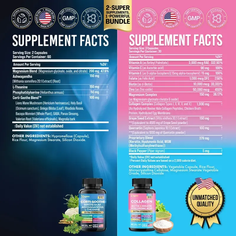 Shining Serenity Set - Zoyava Collagen & Cortisol All-in-One Dietary Supplement - Multivitamin Combo for Fitness & Healthcare with Extra Strength Ingredients - Made in USA