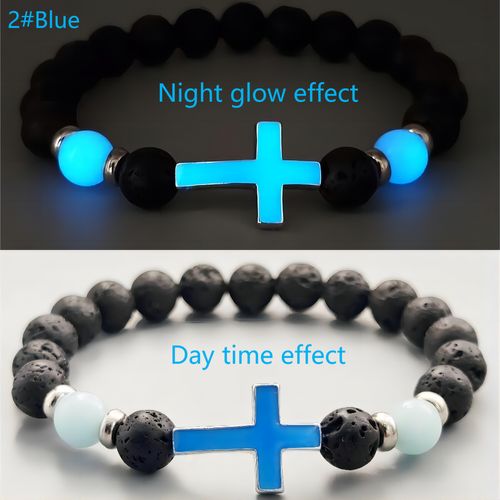 Gift Bracelet 8mm Volcanic Stone Beads Rosary Bracelet Luminous Cross Beaded Bracelet