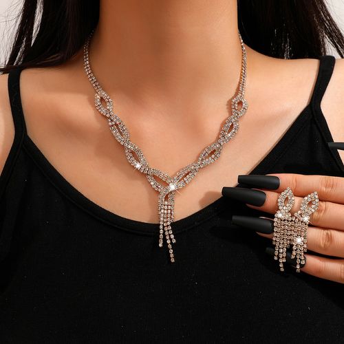 Fashionable diamond tassel necklace, earrings and bracelet jewelry set