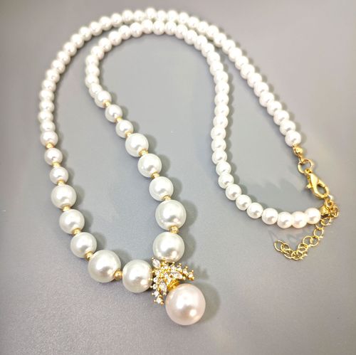 A pearl necklace, a graceful radiance on your neck.  A classic pearl necklace, a timeless expression of elegance.  A string of pearls, illuminating your elegant demeanor.