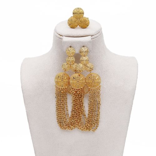 24K Gold Plated Flower Hollow Ring Earring Set Bridal Wedding Jewelry