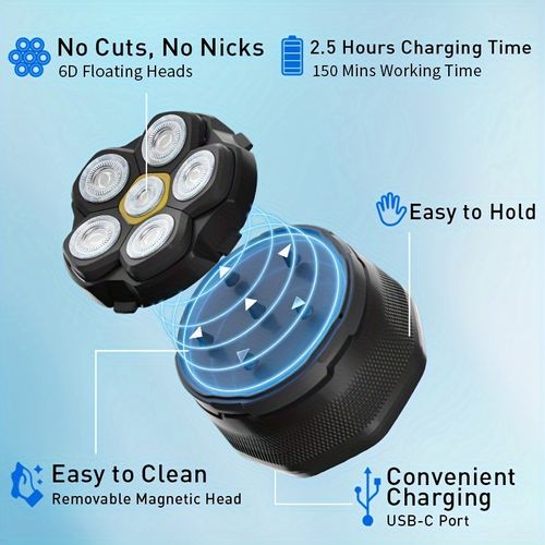 6D Bald Shaver, Men's Anti Pinch Electric Shaver, Men's Beard Trimmer, Men's Rechargeable Electric Shaver, Dry And Wet Dual Shaving, Magnetic Suction Blade