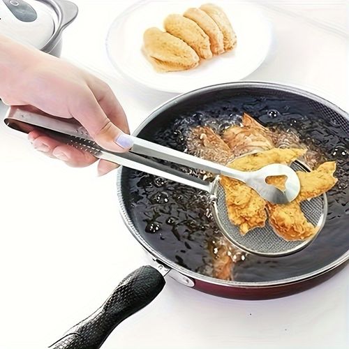 Stainless Steel Kitchen Strainer Spoon & Tongs - High-Temperature Resistant, Perfect for Frying Foods