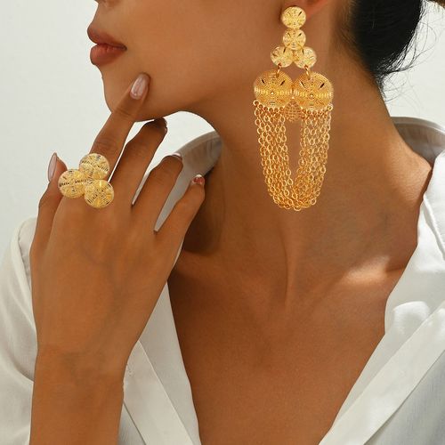24K Gold Plated Flower Hollow Ring Earring Set Bridal Wedding Jewelry