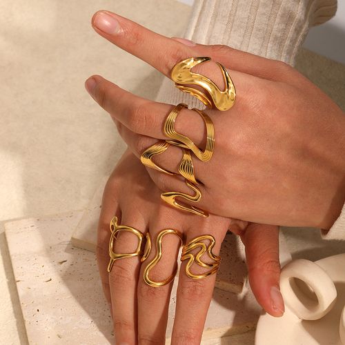 Hyperbole Punk Style Jewelry 18K Gold Plated Stainless Steel Irregular Geometric Stripe Hollow Open Ring