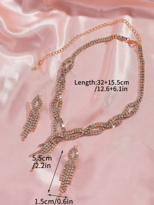 Fashionable diamond tassel necklace, earrings and bracelet jewelry set