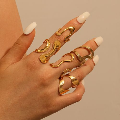 Hyperbole Punk Style Jewelry 18K Gold Plated Stainless Steel Irregular Geometric Stripe Hollow Open Ring