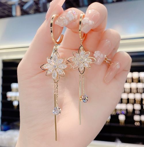 New Trendy Long Tassel Earrings Female S925 Silver Needle Zircon Flower Dangle Earrings